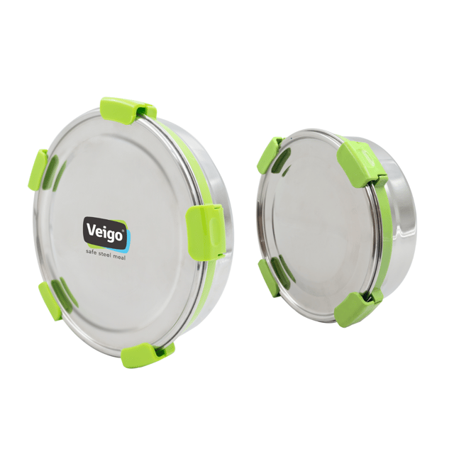 Veigo Maxosteel Round Storage Boxes with reversible clip mechanism- Set of 3 lunch boxes containers