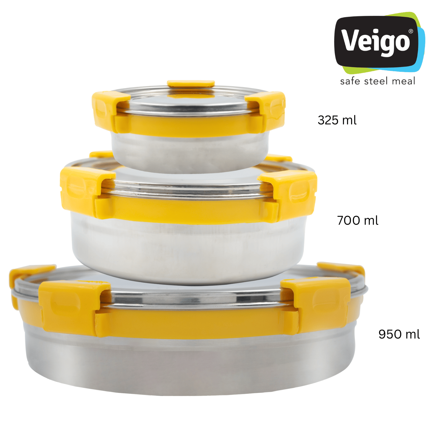 Veigo Maxosteel Round Storage Boxes with reversible clip mechanism- Set of 3 lunch boxes containers