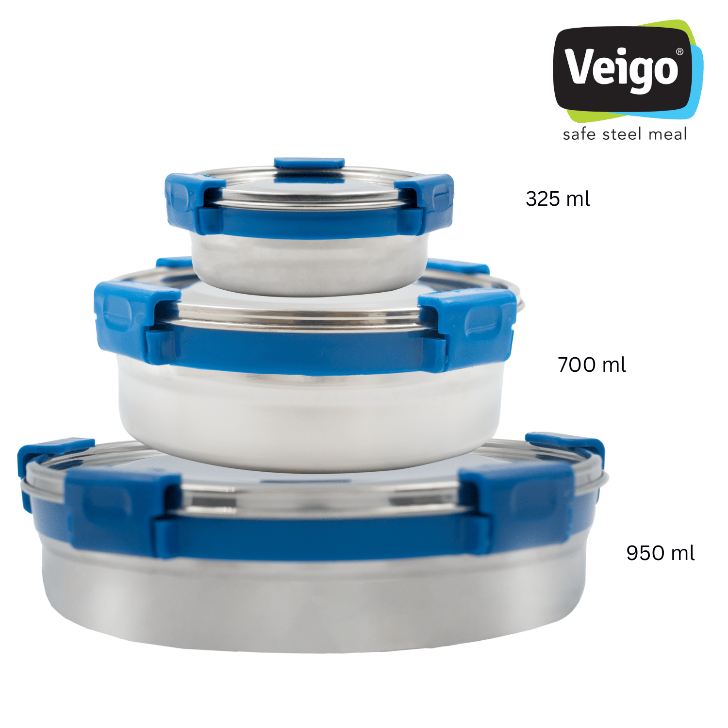 Veigo Maxosteel Round Storage Boxes with reversible clip mechanism- Set of 3 lunch boxes containers