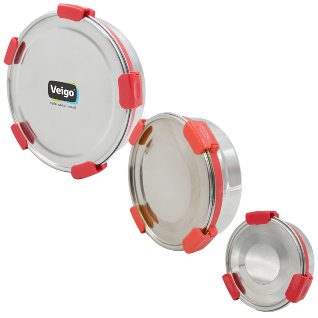 Veigo Maxosteel Round Storage Boxes with reversible clip mechanism- Set of 3 lunch boxes containers