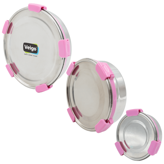 Veigo Maxosteel Round Storage Boxes with reversible clip mechanism- Set of 3 lunch boxes containers