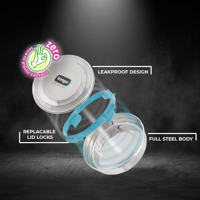 Veigo Maxosteel Round Storage Boxes with reversible clip mechanism- Set of 3 lunch boxes containers