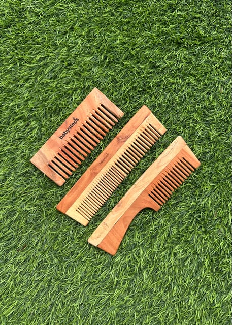Neem wood Comb- Pack of 3| Handle comb| Dual tooth comb| Shampoo comb| Anti-Dandruff | Frizz Control | Plastic-Free & Sustainable | Handmade in India| Scalp Stimulating